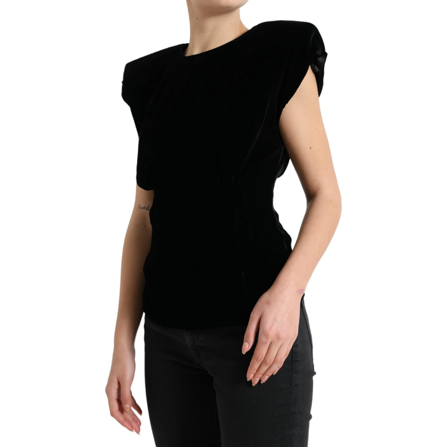 Black Velvet Fitted Padded Shoulder Blouse Top