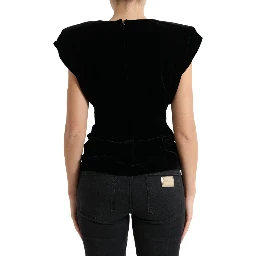 Black Velvet Fitted Padded Shoulder Blouse Top