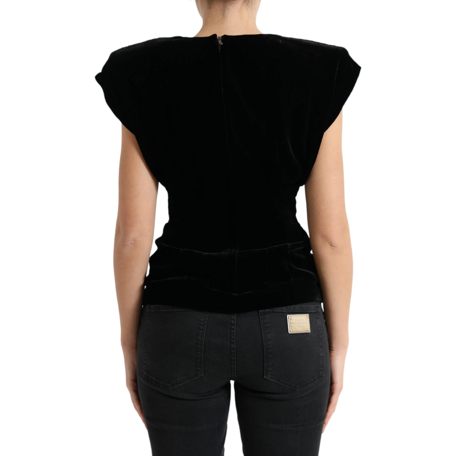 Black Velvet Fitted Padded Shoulder Blouse Top