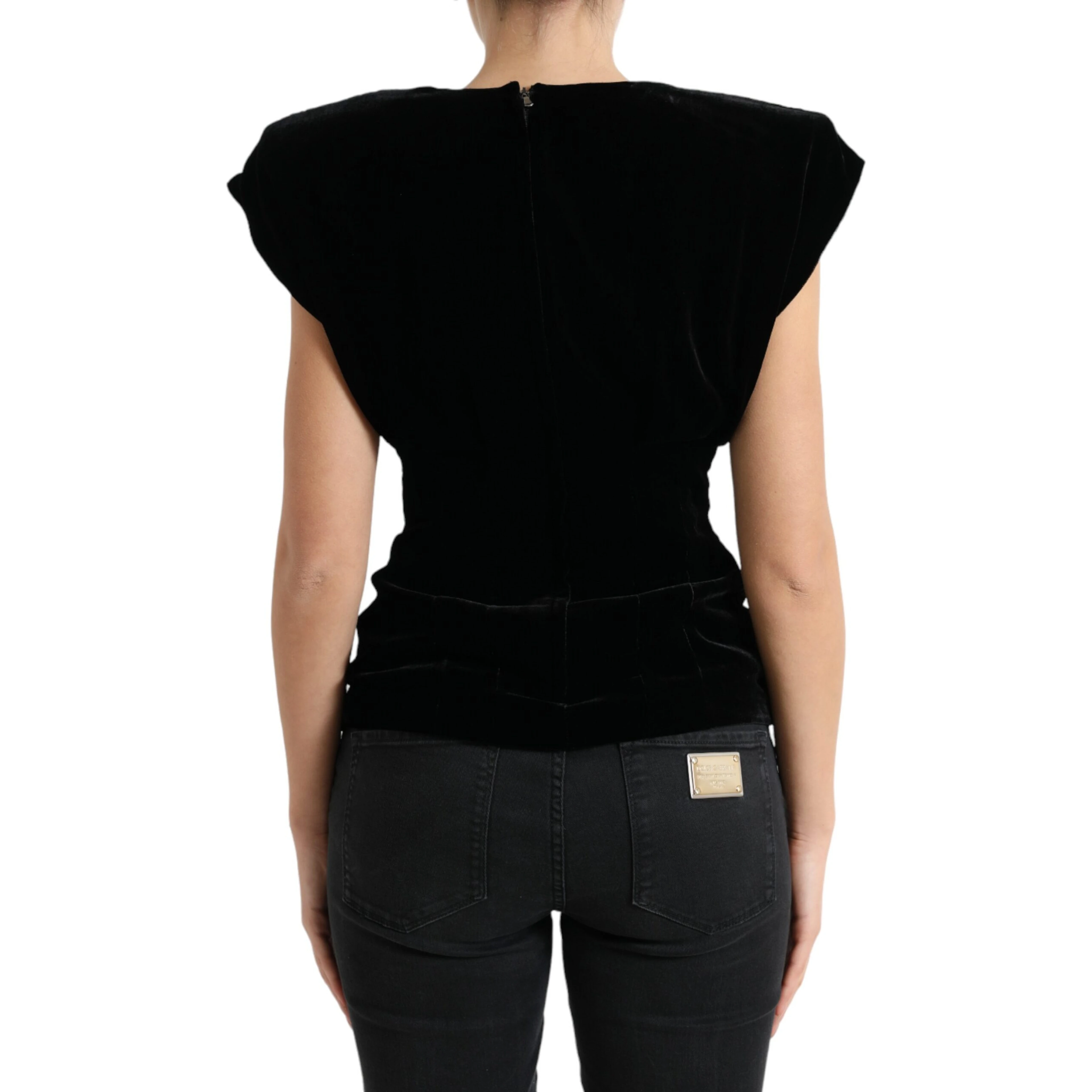 Black Velvet Fitted Padded Shoulder Blouse Top