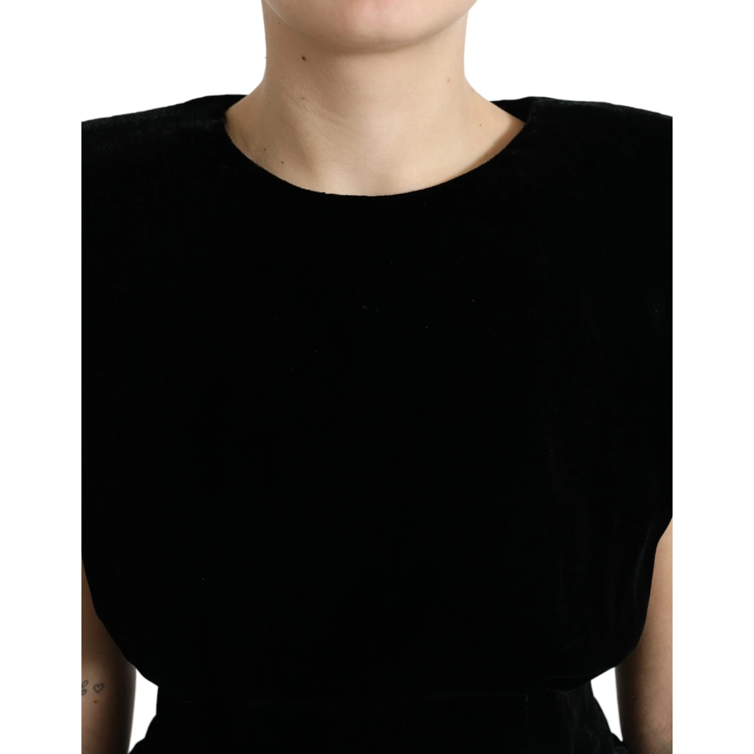 Black Velvet Fitted Padded Shoulder Blouse Top