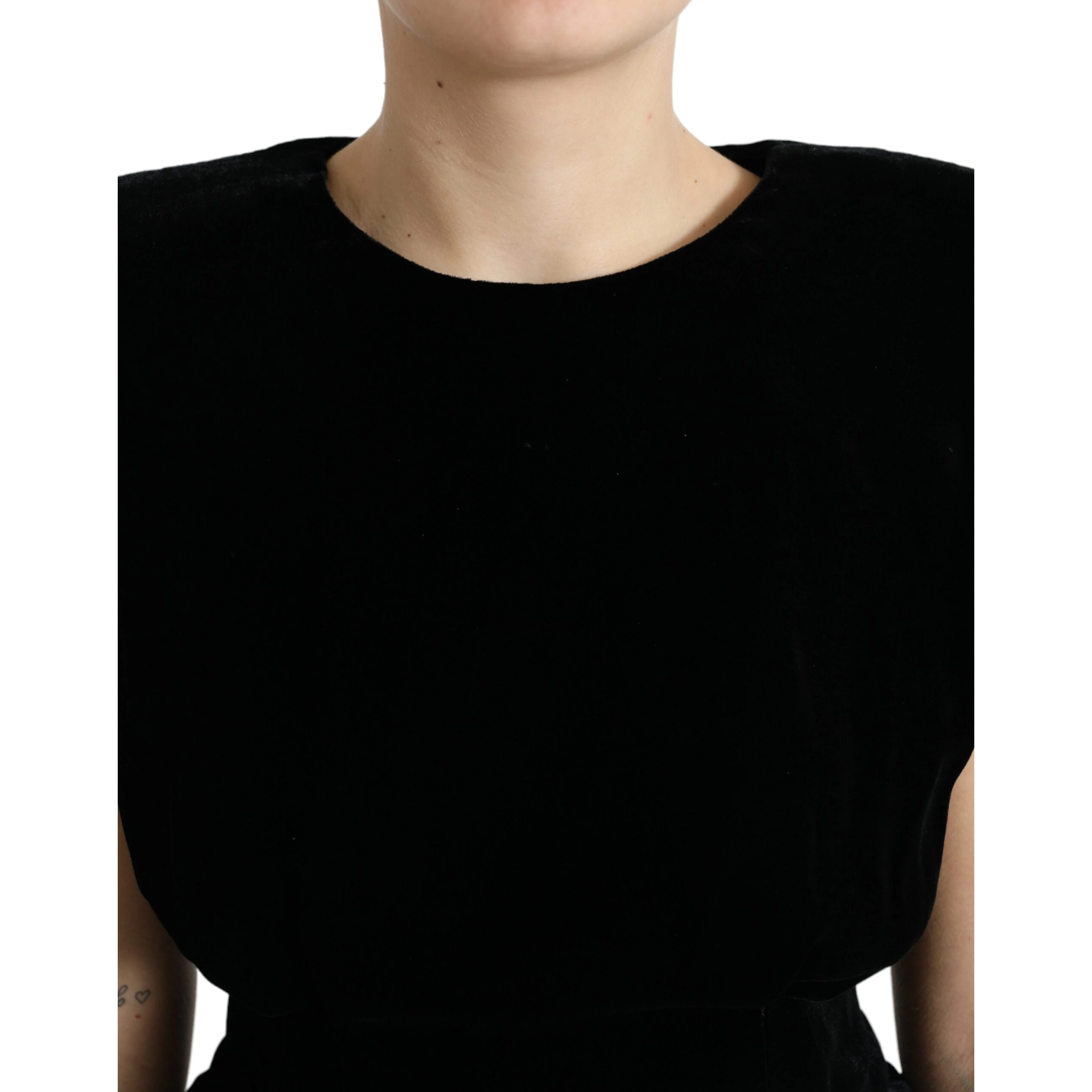 Black Velvet Fitted Padded Shoulder Blouse Top