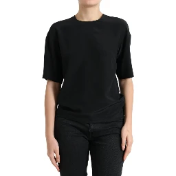 Black Silk Round Neck Short Sleeve Blouse Top