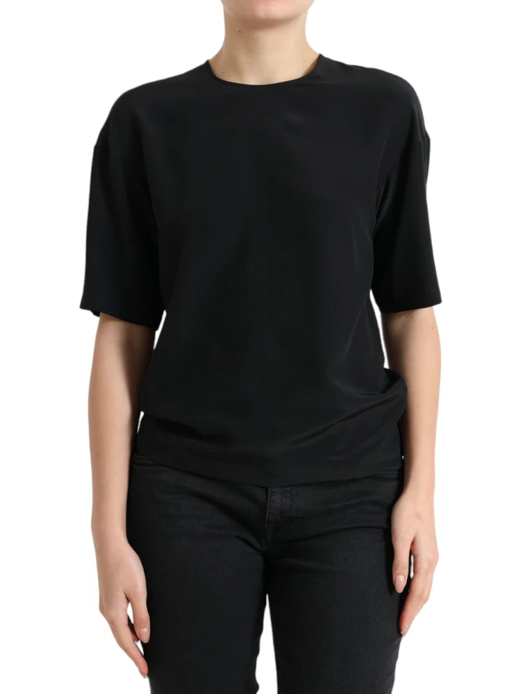 Black Silk Round Neck Short Sleeve Blouse Top