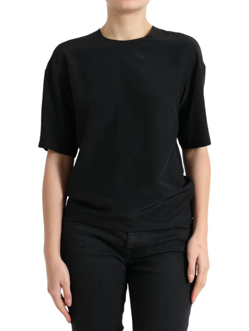 Black Silk Round Neck Short Sleeve Blouse Top