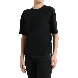 Black Silk Round Neck Short Sleeve Blouse Top