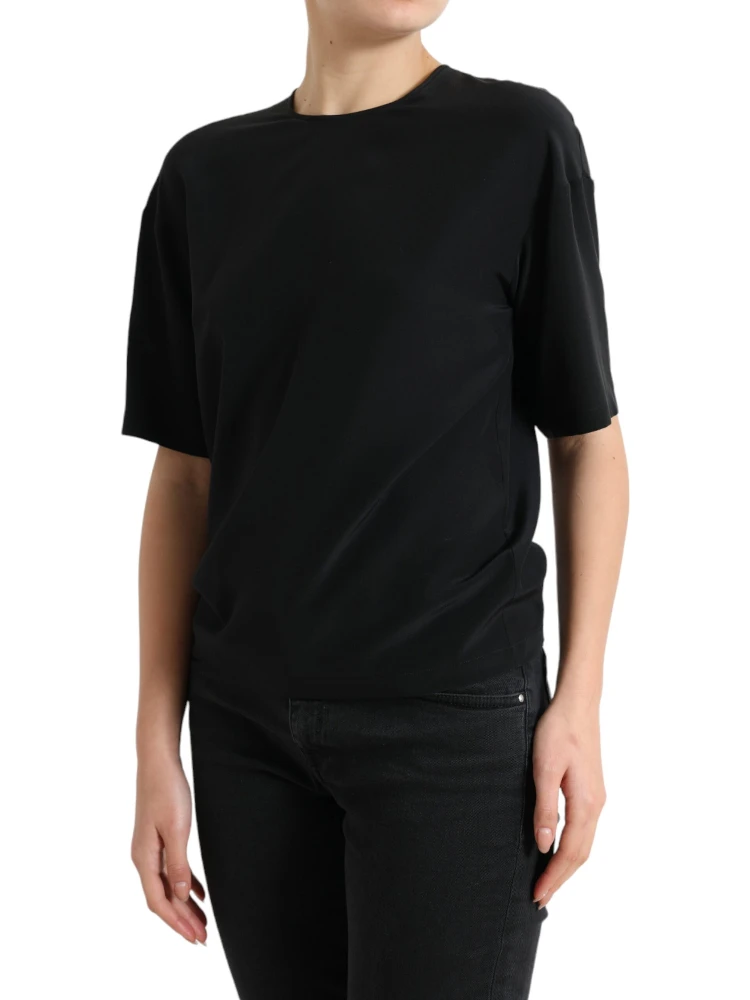 Black Silk Round Neck Short Sleeve Blouse Top alternative