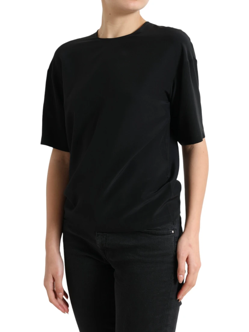 Black Silk Round Neck Short Sleeve Blouse Top