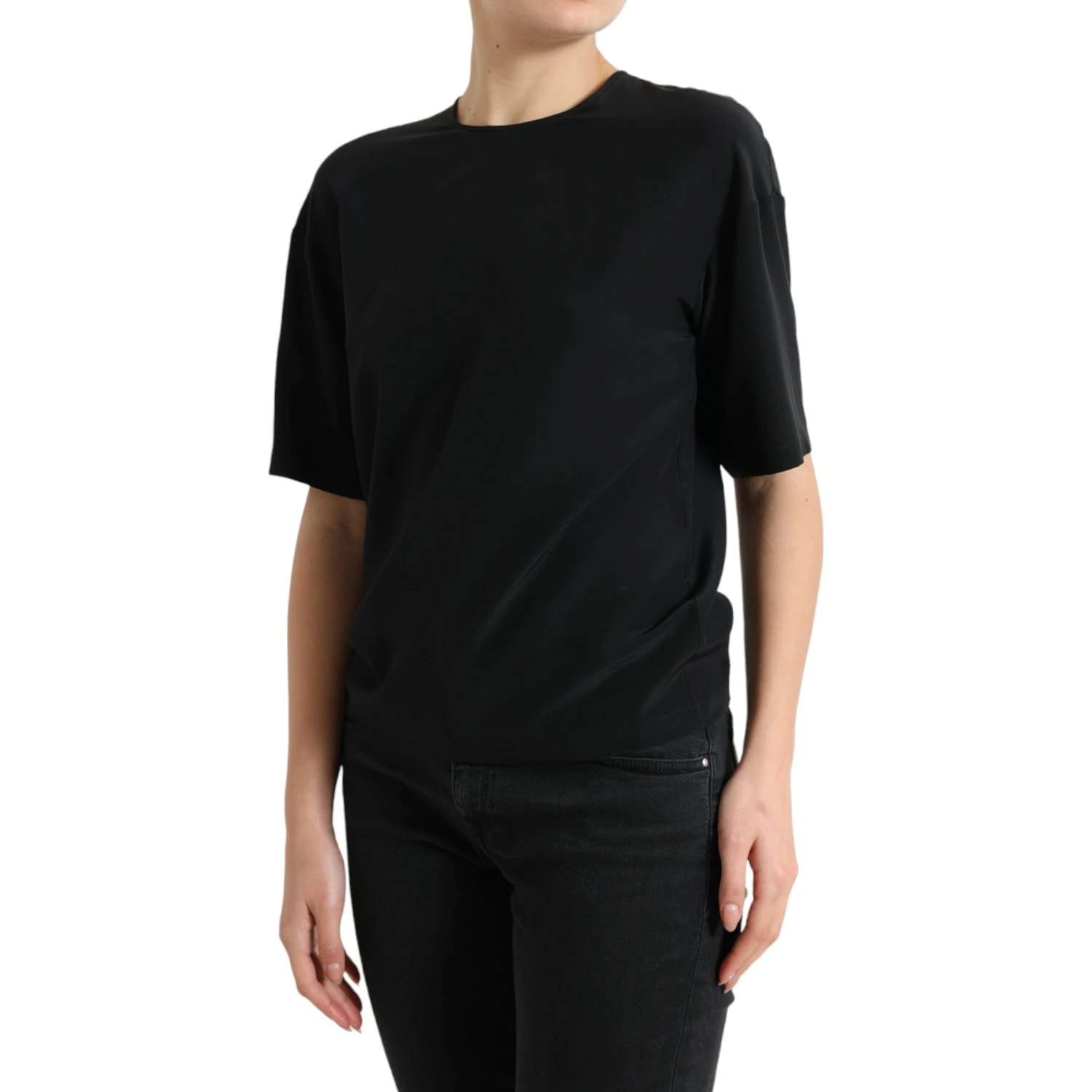 Black Silk Round Neck Short Sleeve Blouse Top