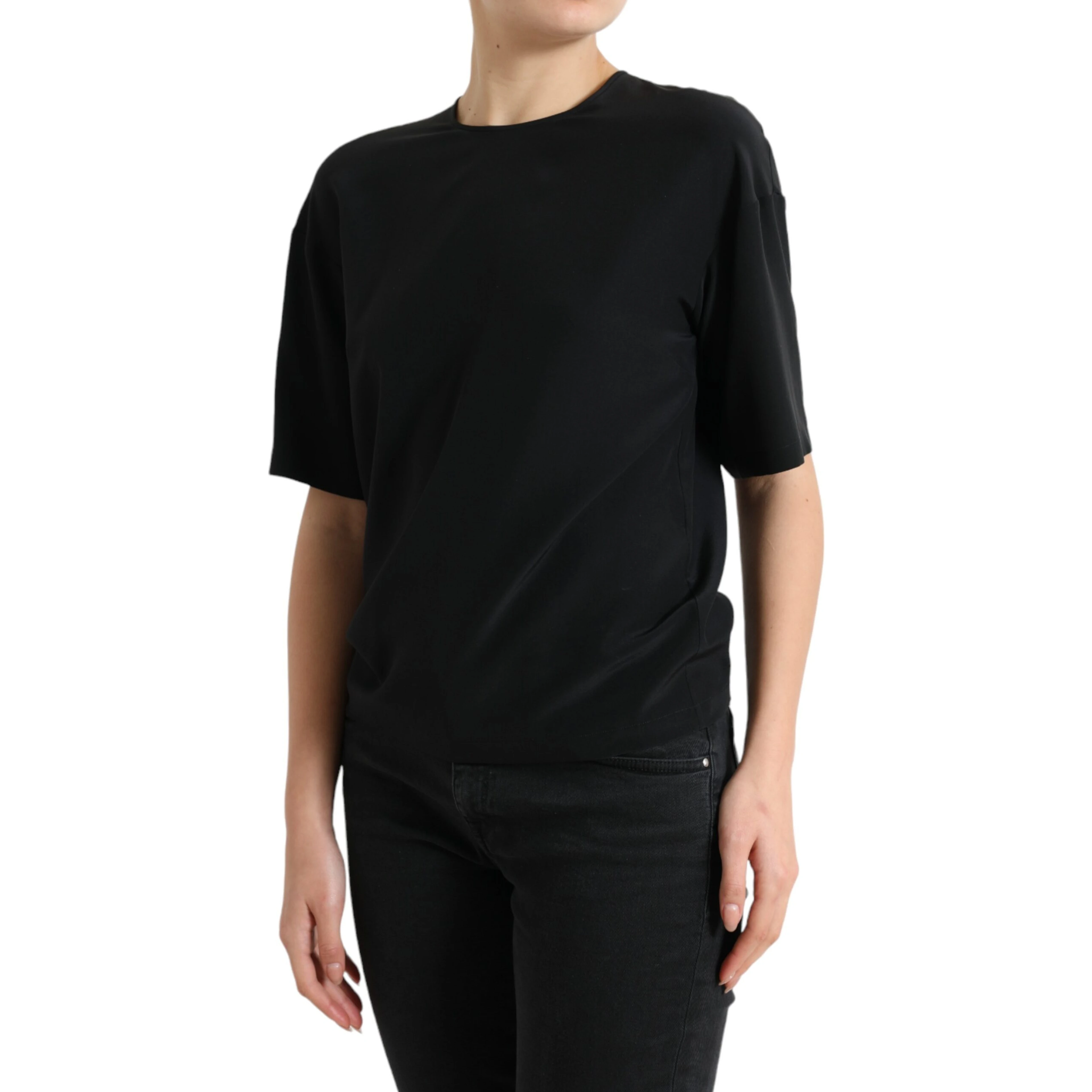 Black Silk Round Neck Short Sleeve Blouse Top
