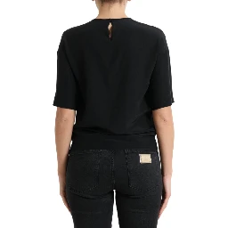 Black Silk Round Neck Short Sleeve Blouse Top
