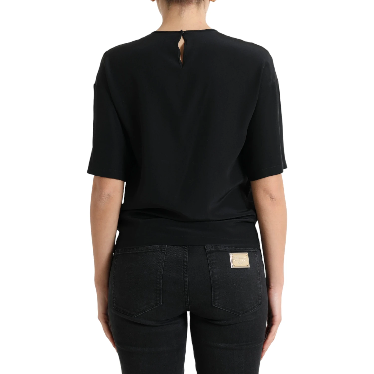 Black Silk Round Neck Short Sleeve Blouse Top