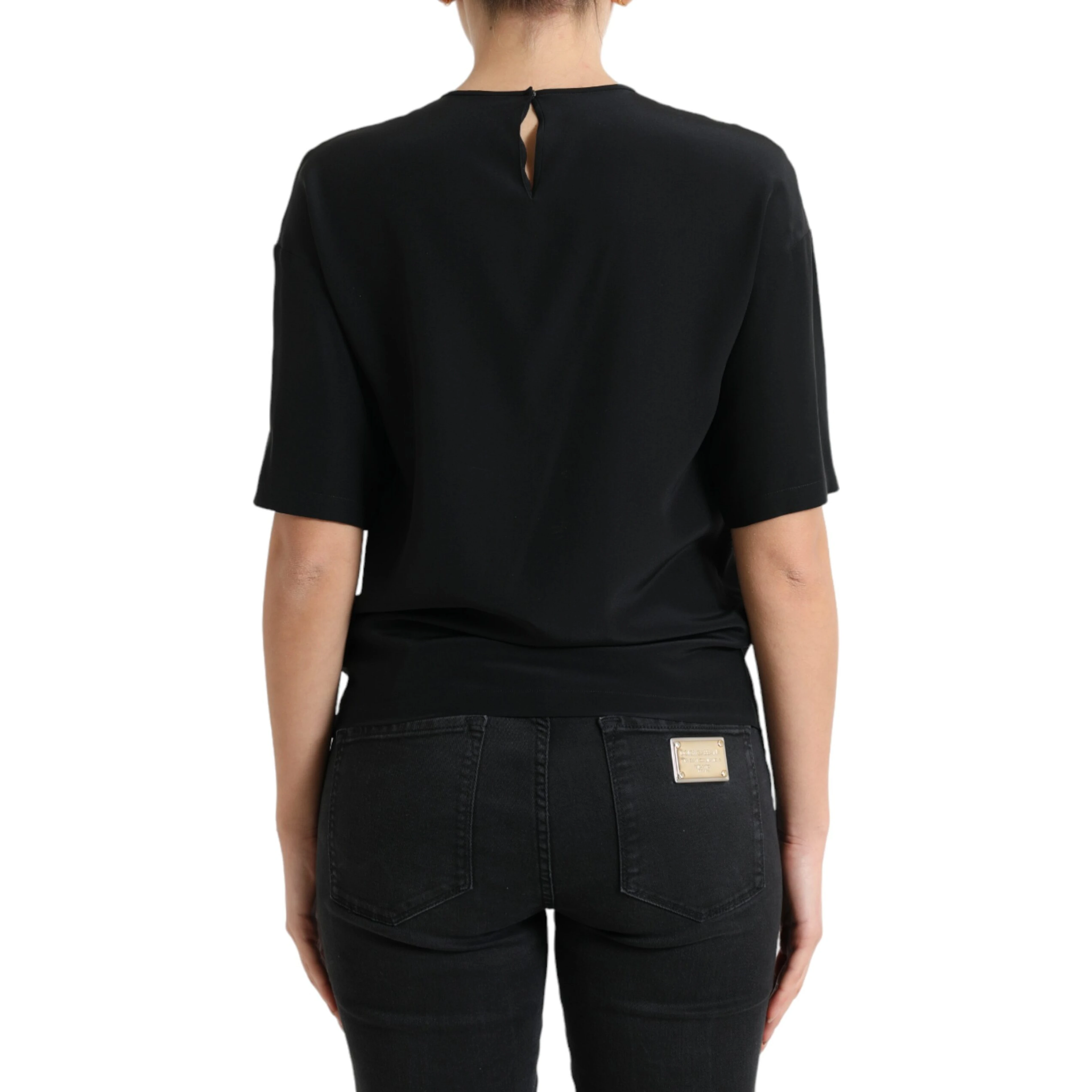 Black Silk Round Neck Short Sleeve Blouse Top