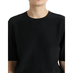Black Silk Round Neck Short Sleeve Blouse Top