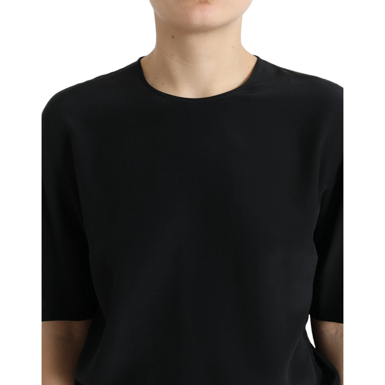 Black Silk Round Neck Short Sleeve Blouse Top