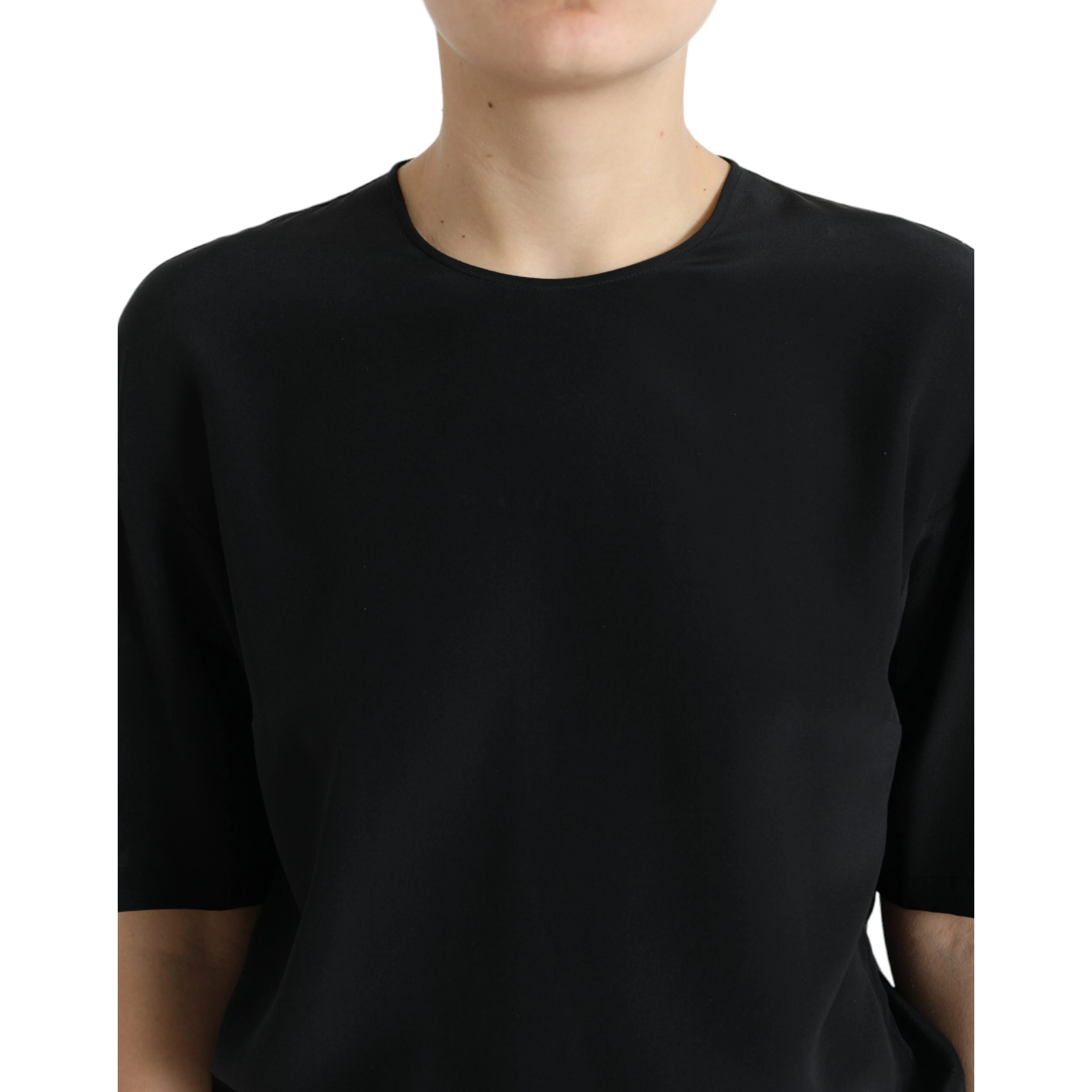 Black Silk Round Neck Short Sleeve Blouse Top