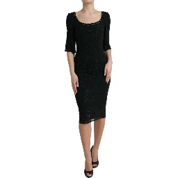 Black Floral Lace Viscose Bodycon Midi Dress