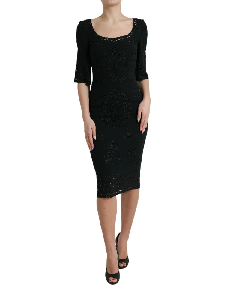 Black Floral Lace Viscose Bodycon Midi Dress