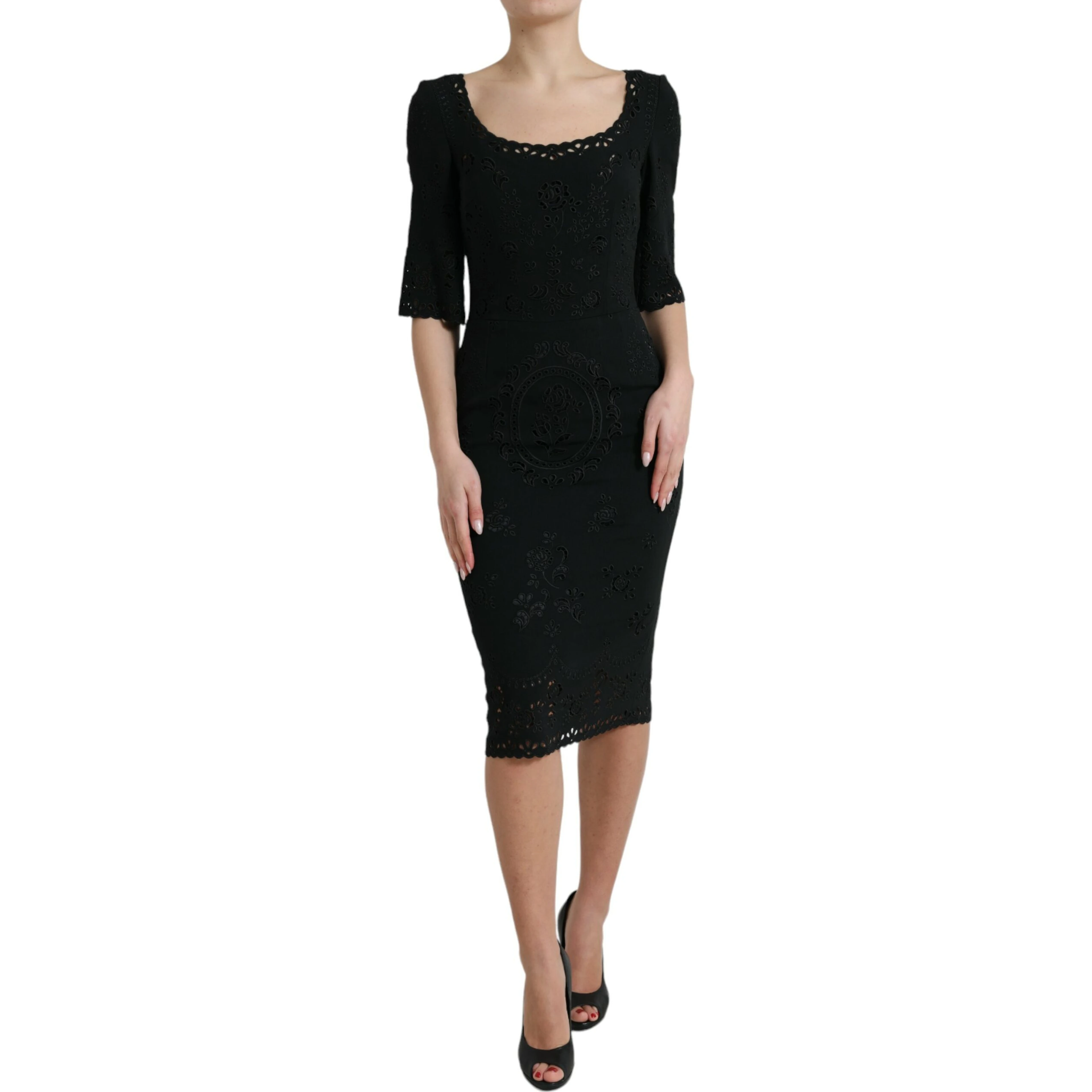 Black Floral Lace Viscose Bodycon Midi Dress