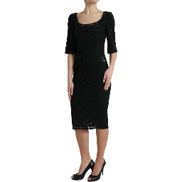 Black Floral Lace Viscose Bodycon Midi Dress