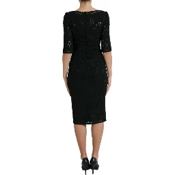 Black Floral Lace Viscose Bodycon Midi Dress