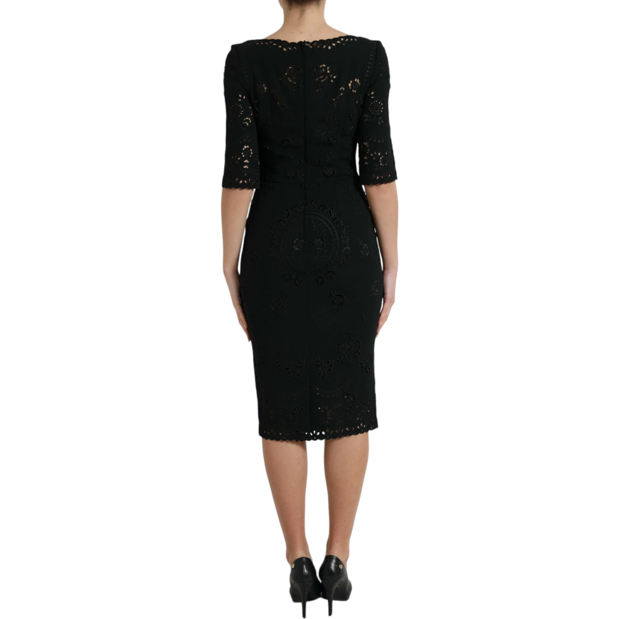 Black Floral Lace Viscose Bodycon Midi Dress