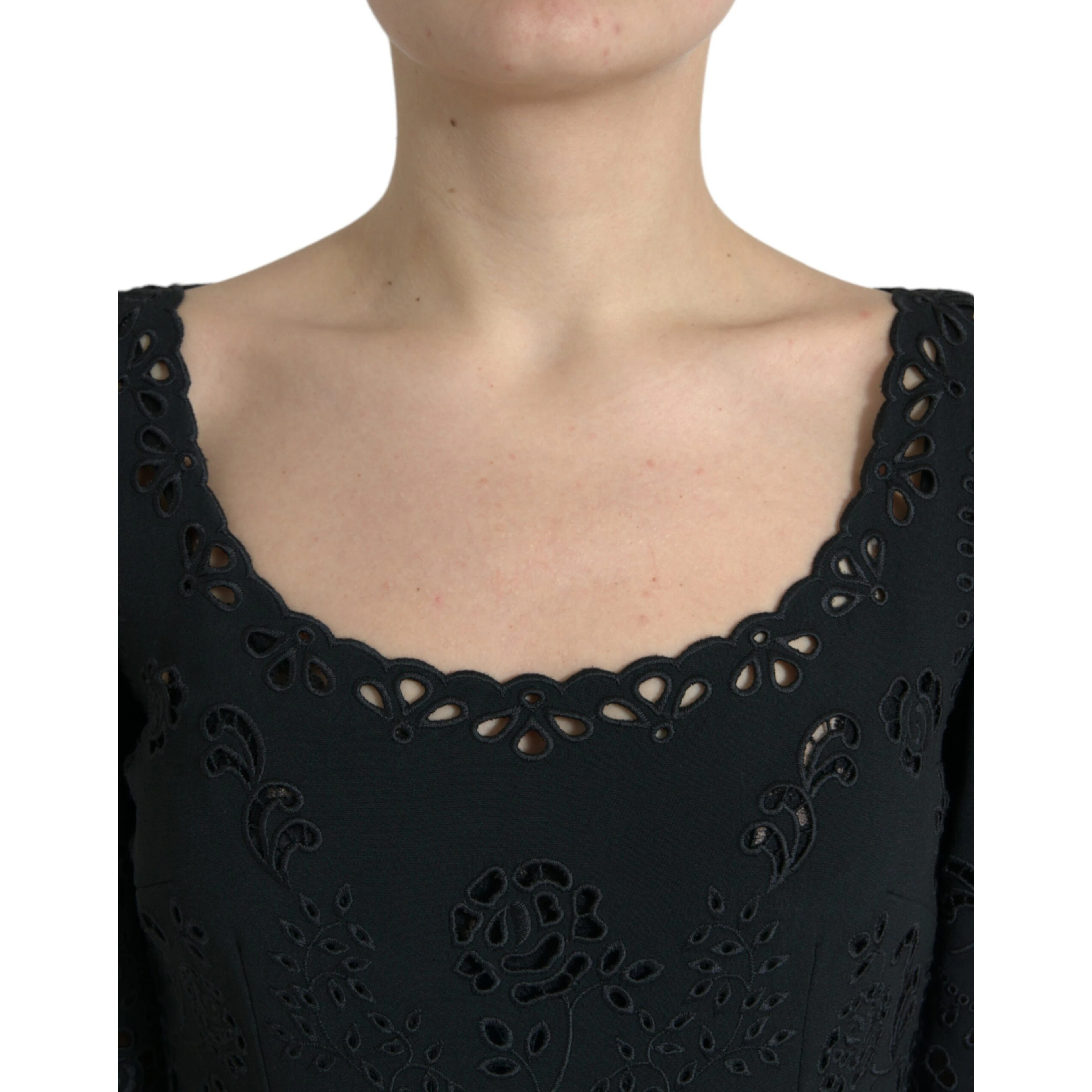 Black Floral Lace Viscose Bodycon Midi Dress