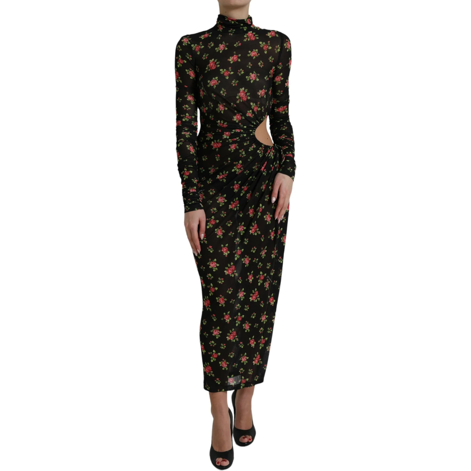Black Floral Cut Out Sheath Long Maxi Dress