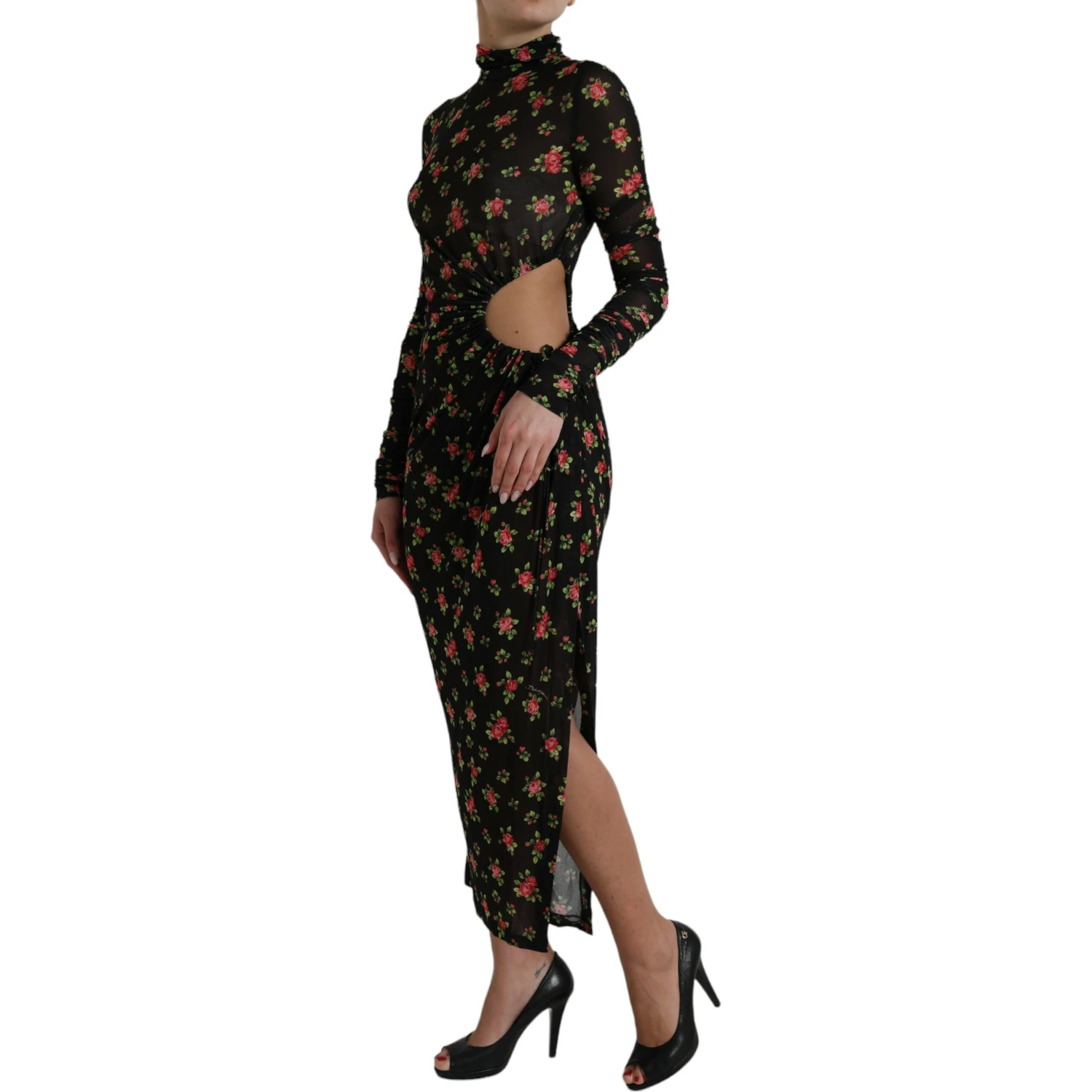 Black Floral Cut Out Sheath Long Maxi Dress