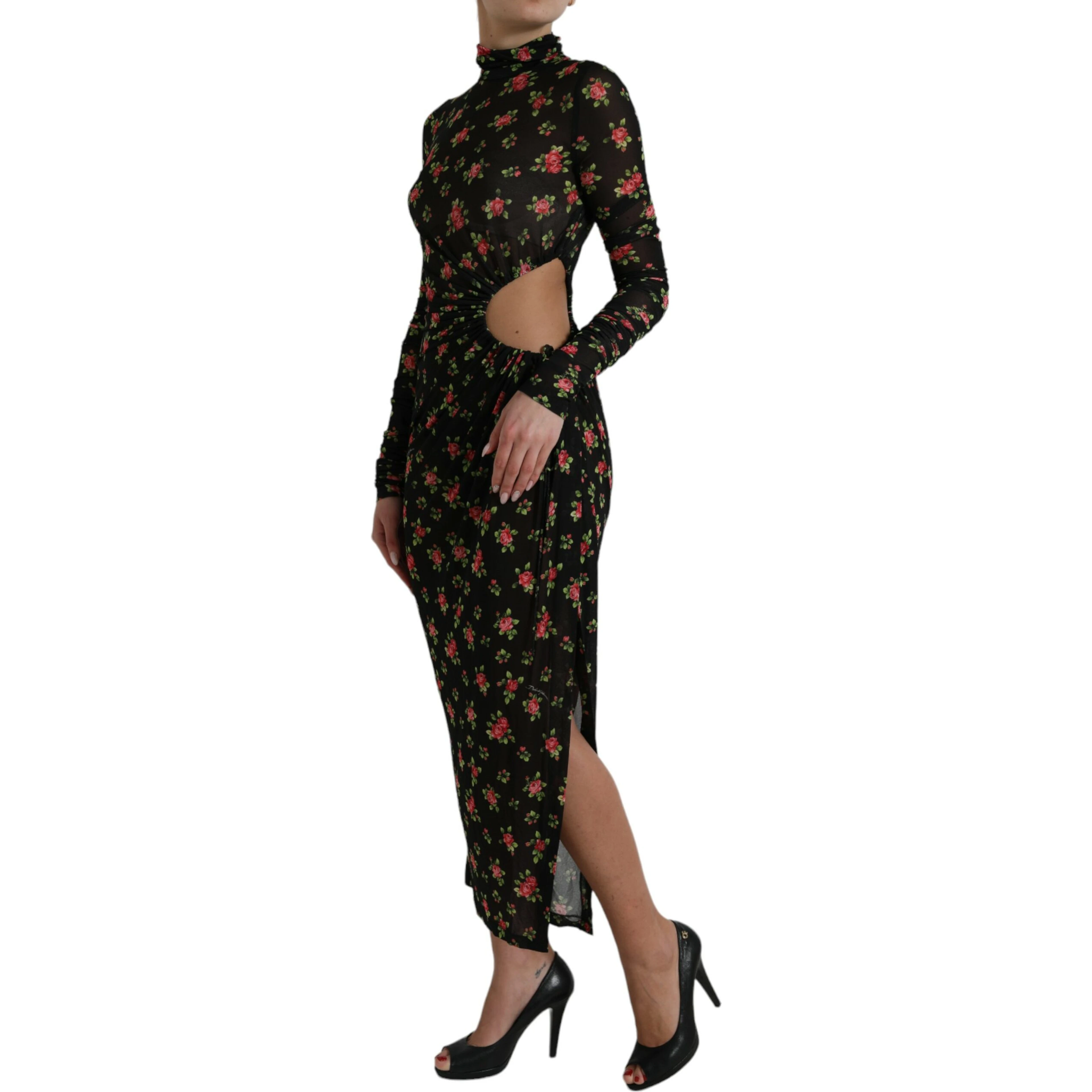 Black Floral Cut Out Sheath Long Maxi Dress