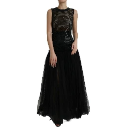 Black Sequined Sleeveless Mesh Layered Gown Dress