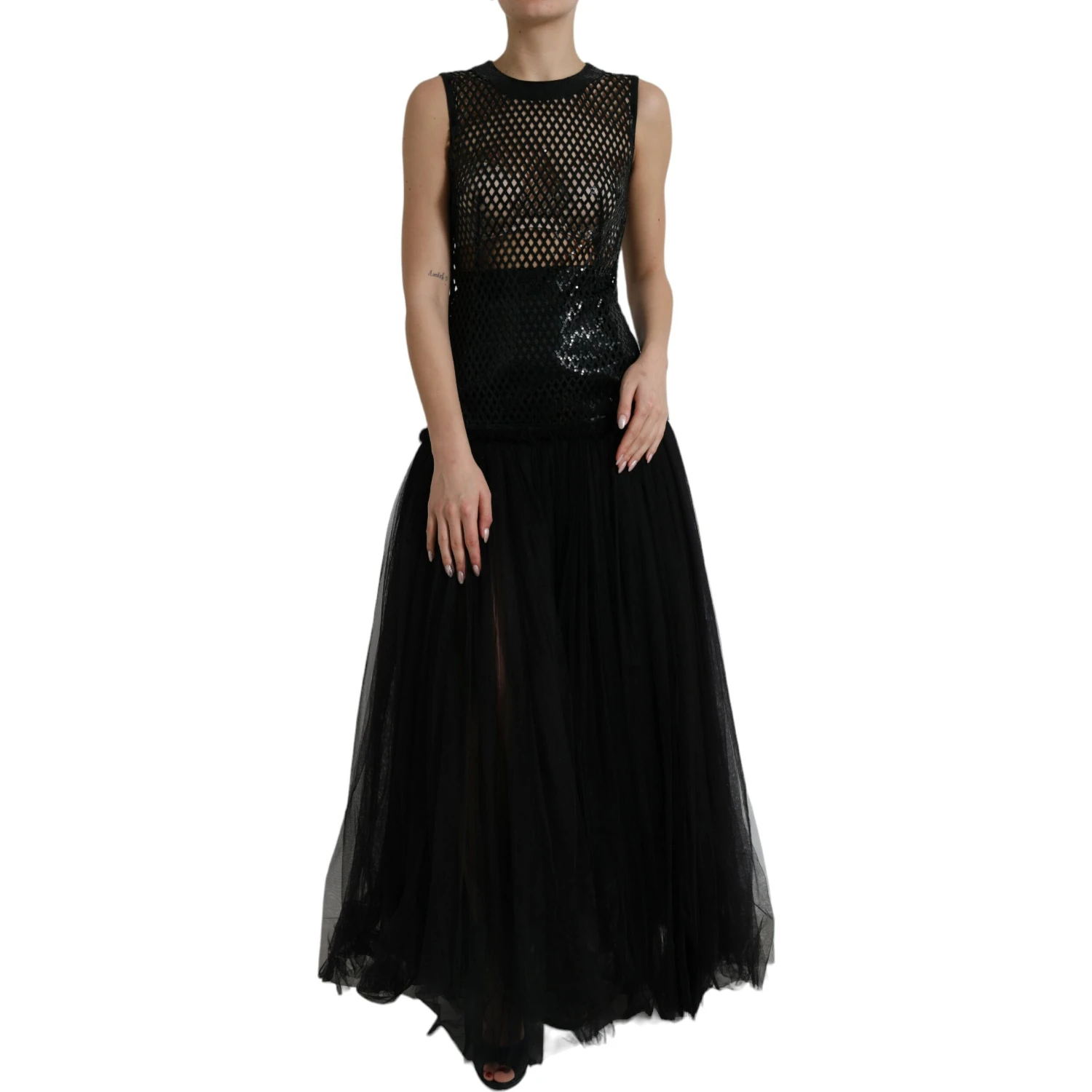 Black Sequined Sleeveless Mesh Layered Gown Dress