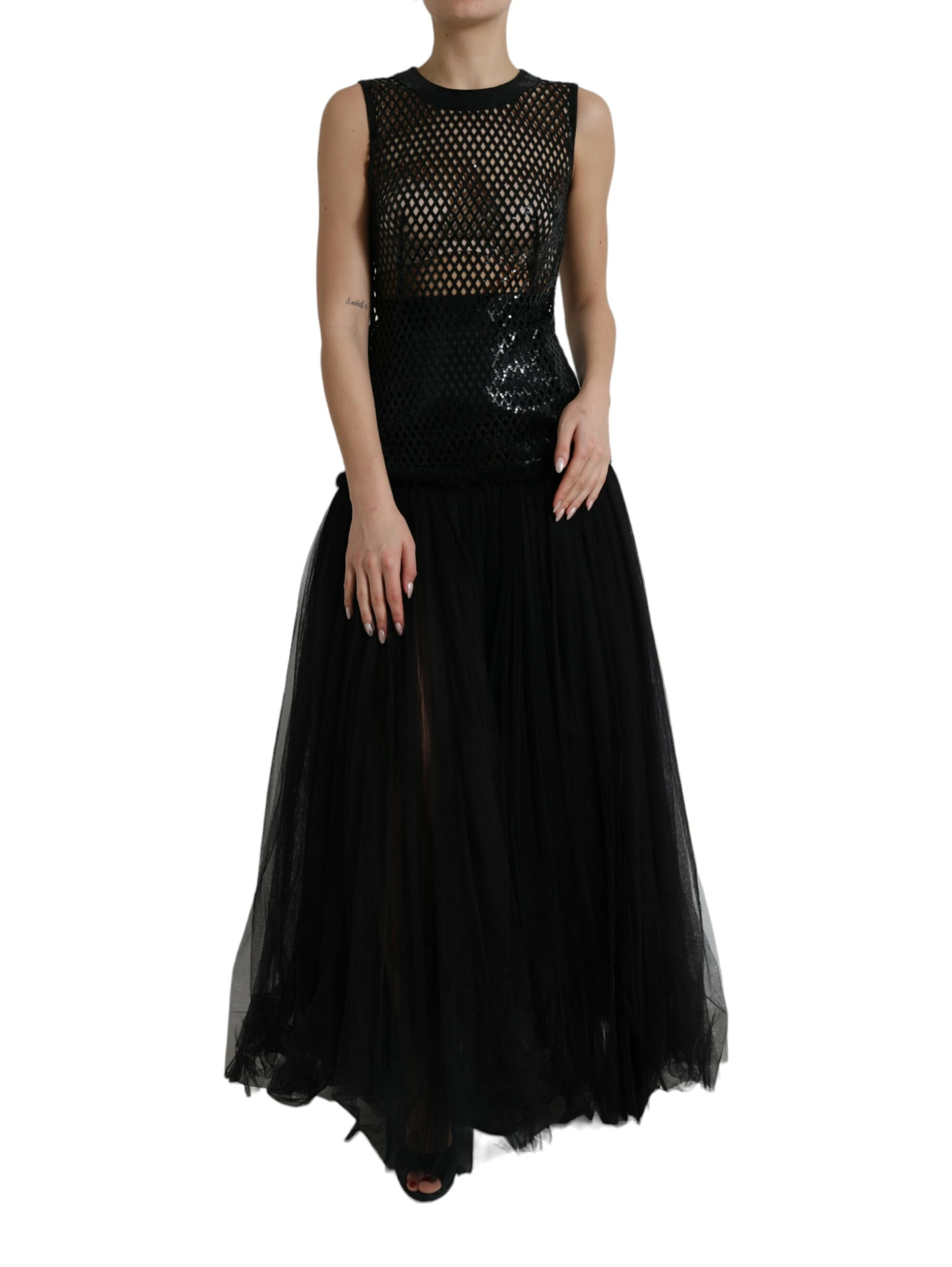 Black Sequined Sleeveless Mesh Layered Gown Dress