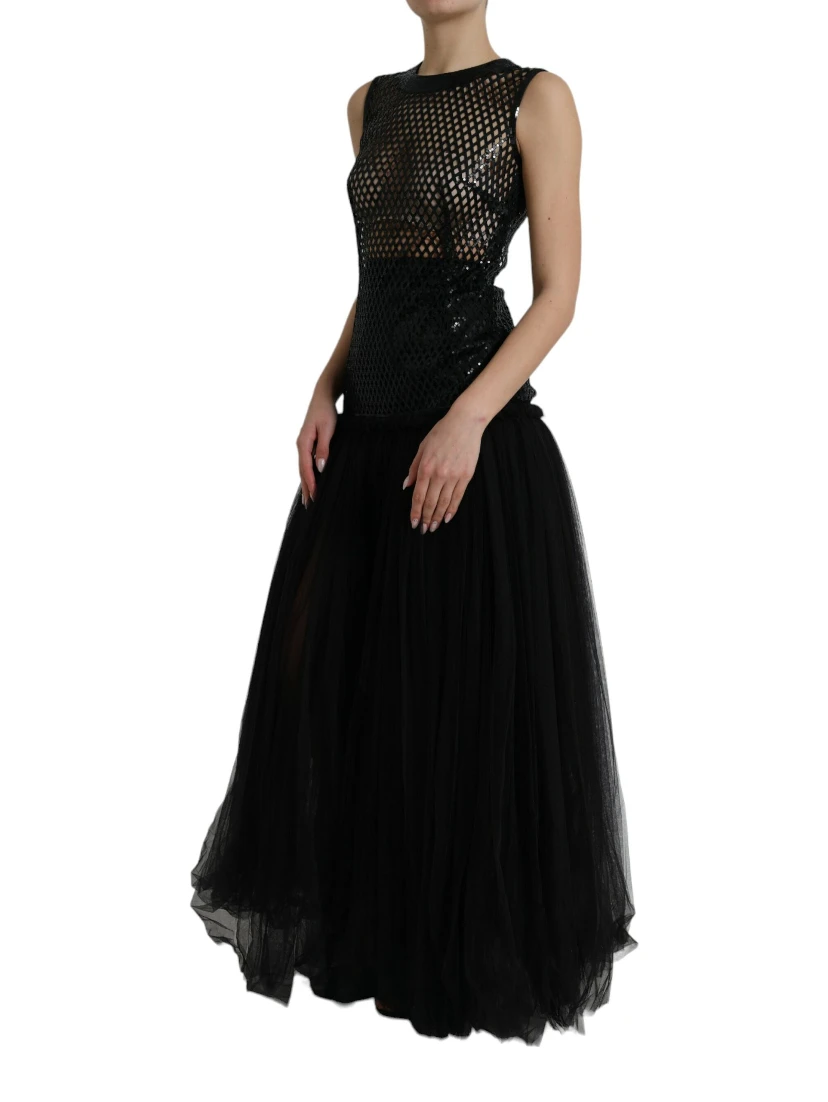 Black Sequined Sleeveless Mesh Layered Gown Dress