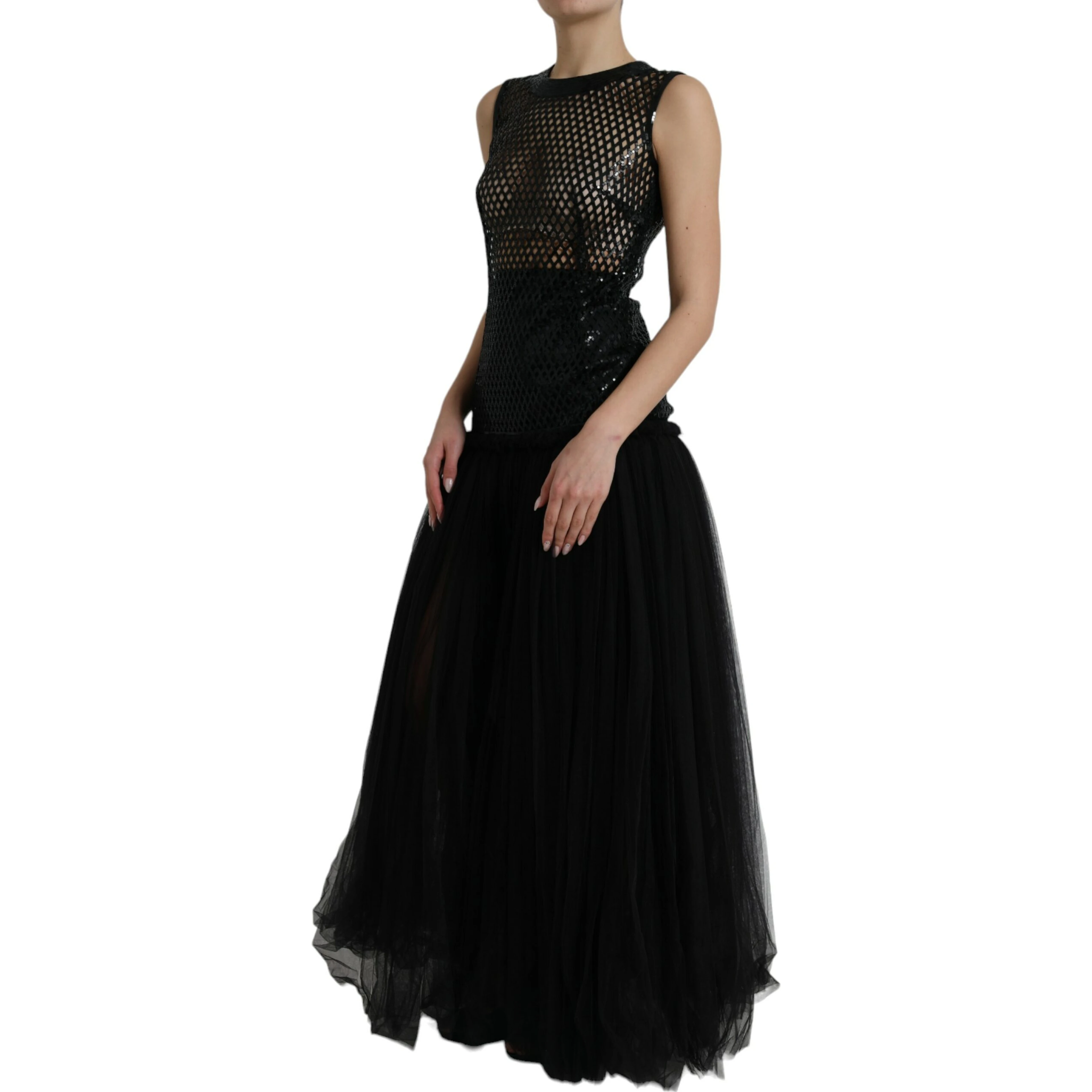Black Sequined Sleeveless Mesh Layered Gown Dress