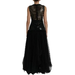Black Sequined Sleeveless Mesh Layered Gown Dress