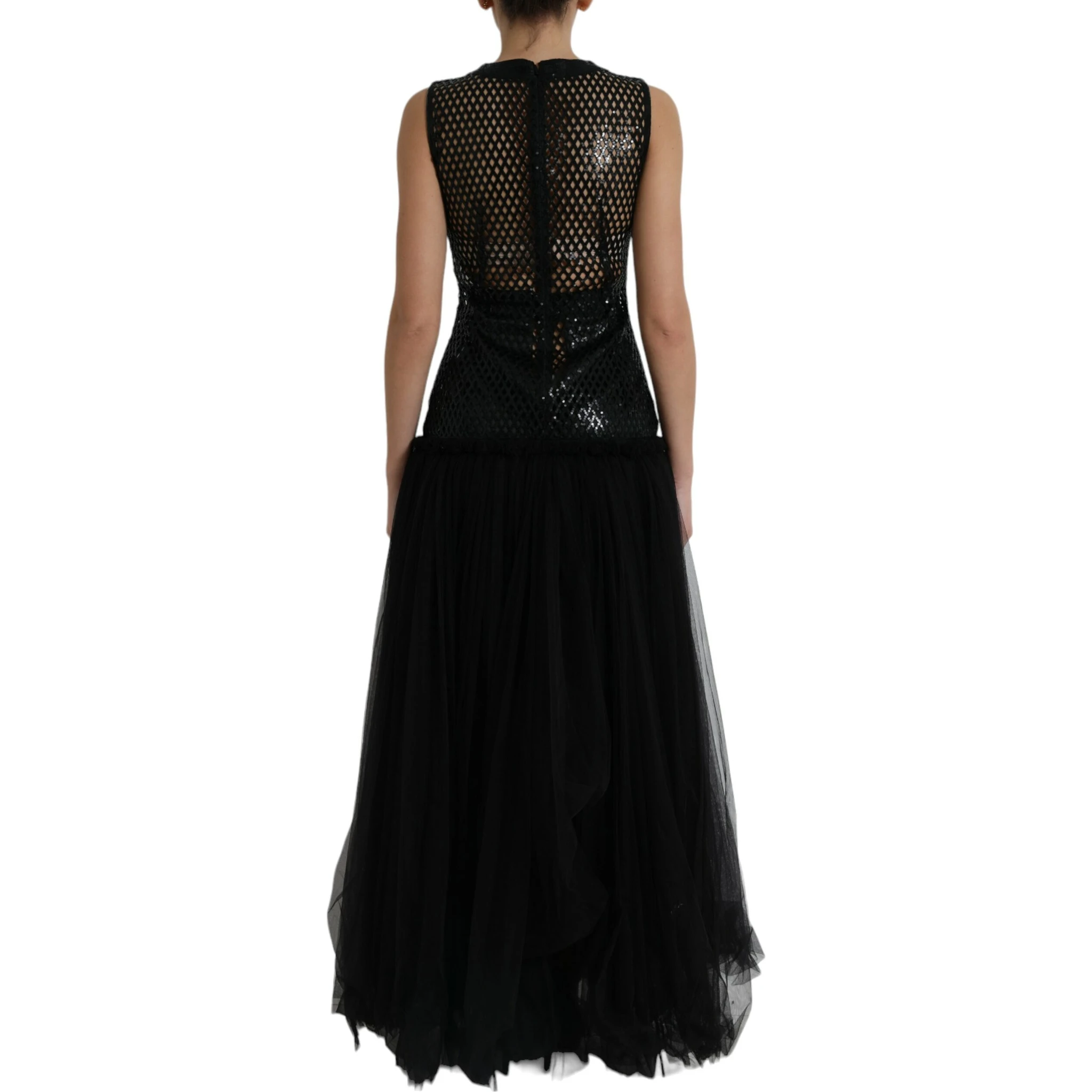 Black Sequined Sleeveless Mesh Layered Gown Dress