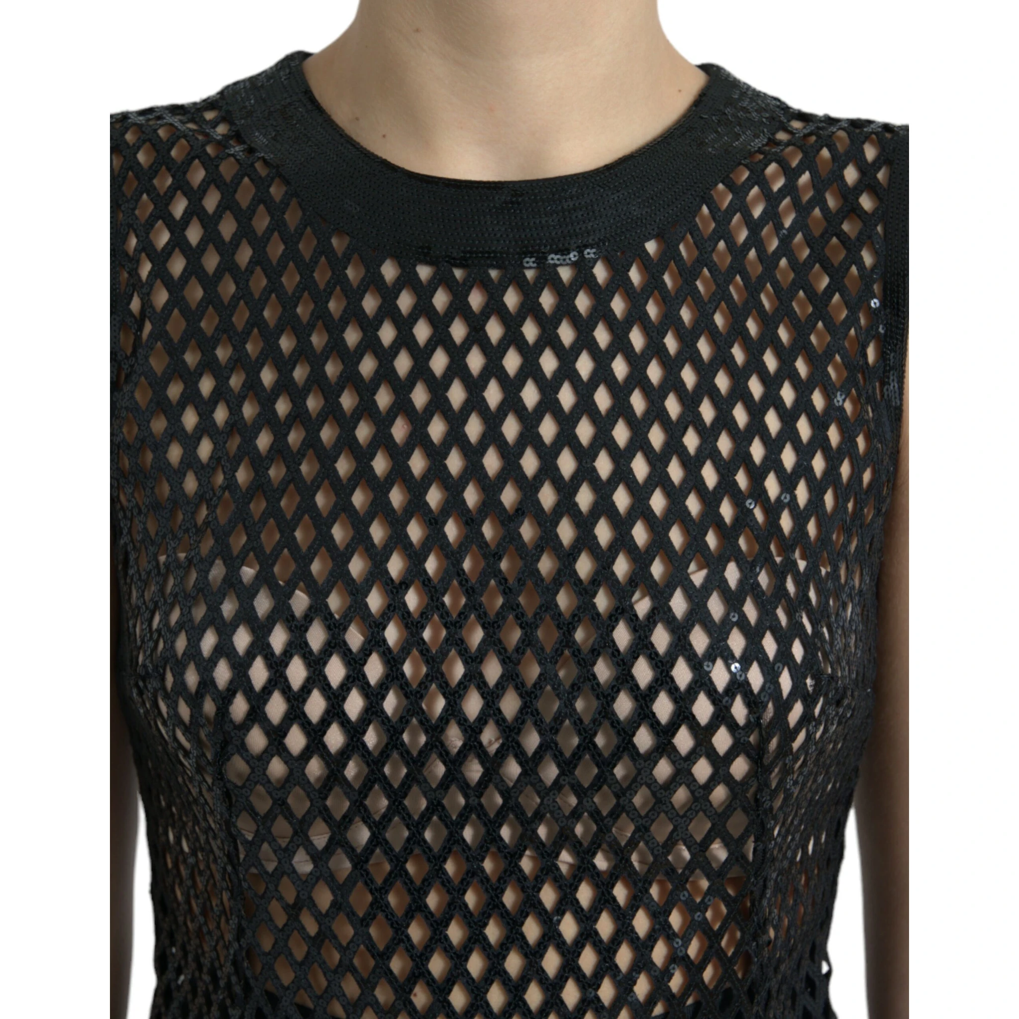 Black Sequined Sleeveless Mesh Layered Gown Dress