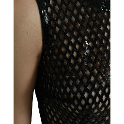 Black Sequined Sleeveless Mesh Layered Gown Dress