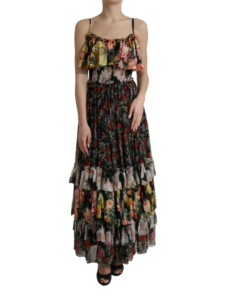 Multicolor Floral Chiffon Tiered Maxi Dress
