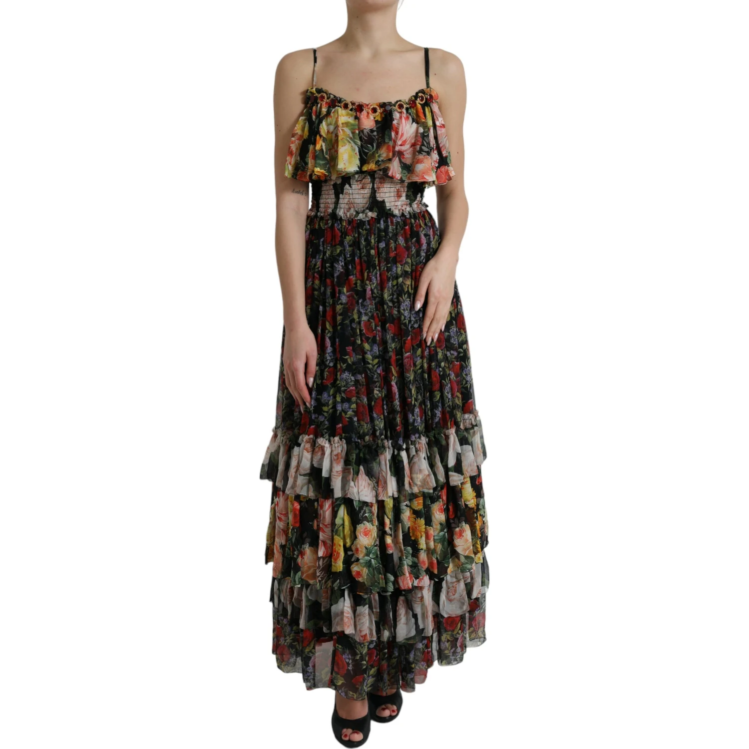 Multicolor Floral Chiffon Tiered Maxi Dress