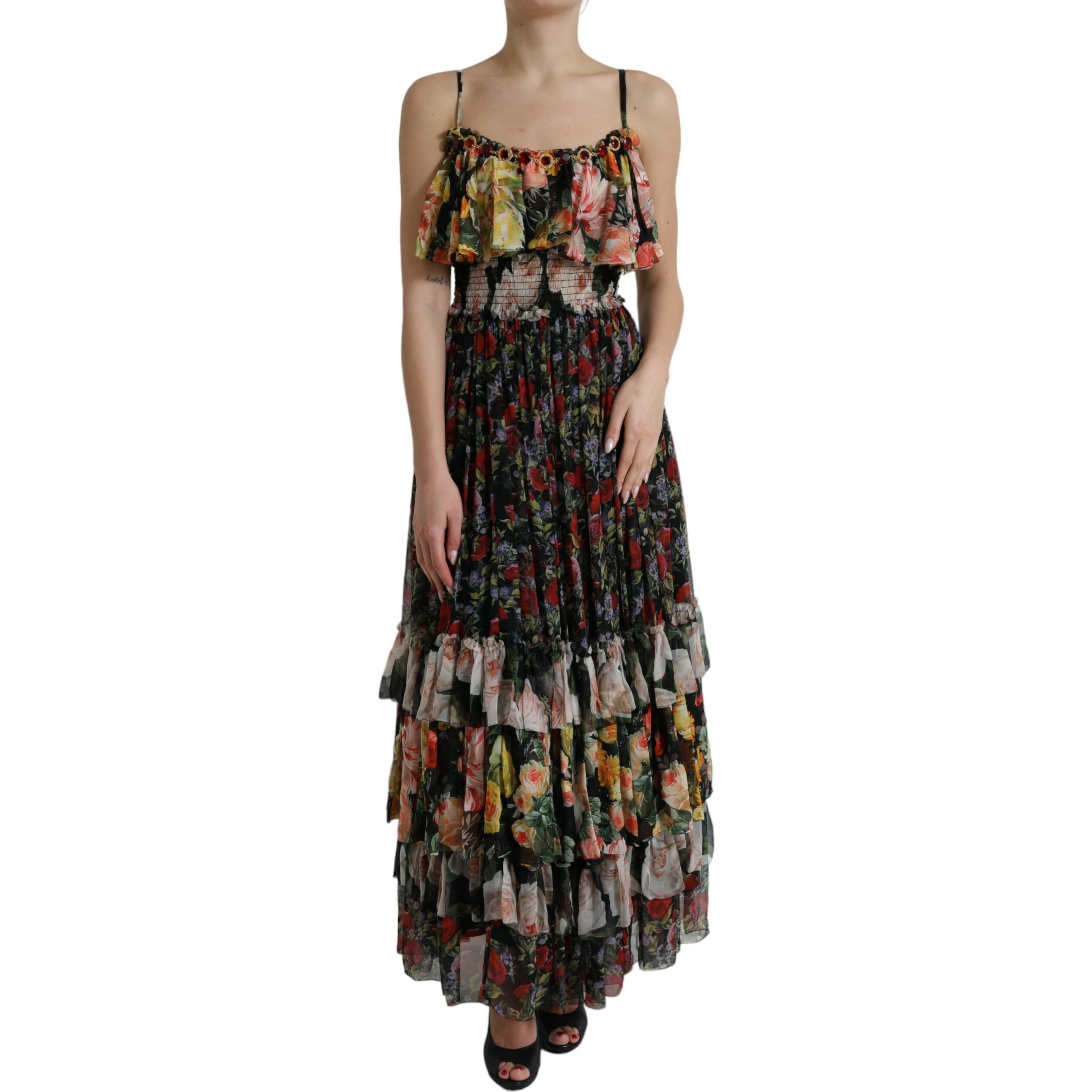 Multicolor Floral Chiffon Tiered Maxi Dress