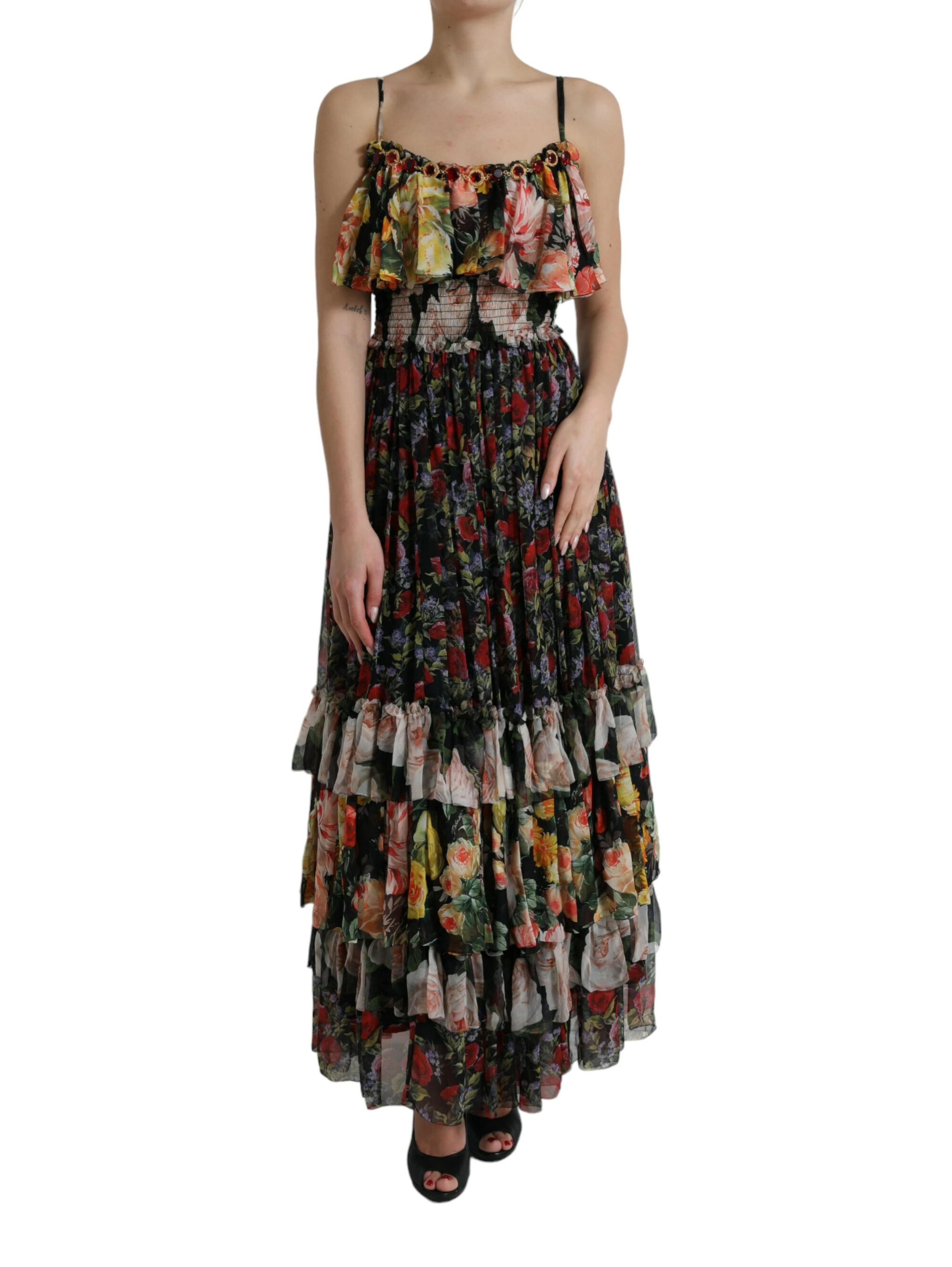 Multicolor Floral Chiffon Tiered Maxi Dress