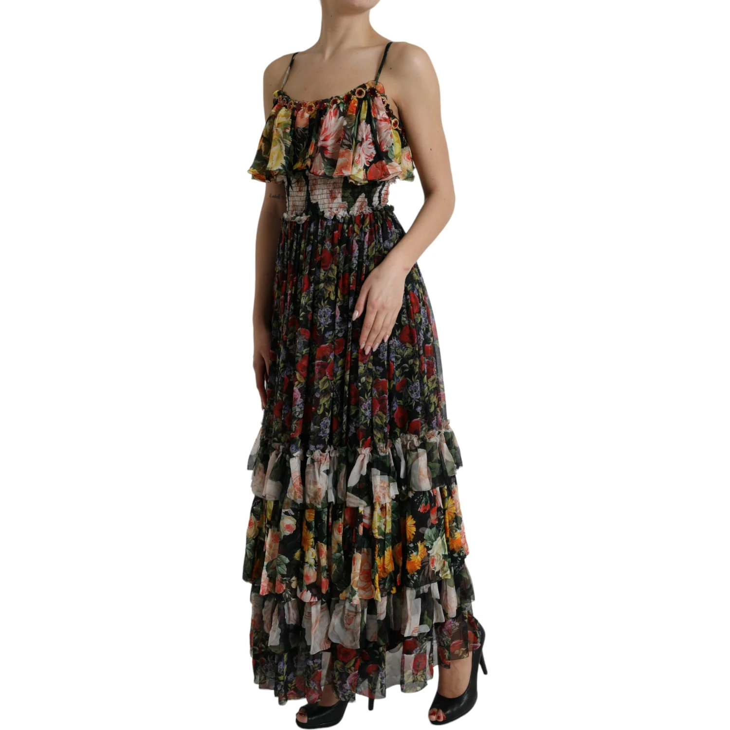 Multicolor Floral Chiffon Tiered Maxi Dress