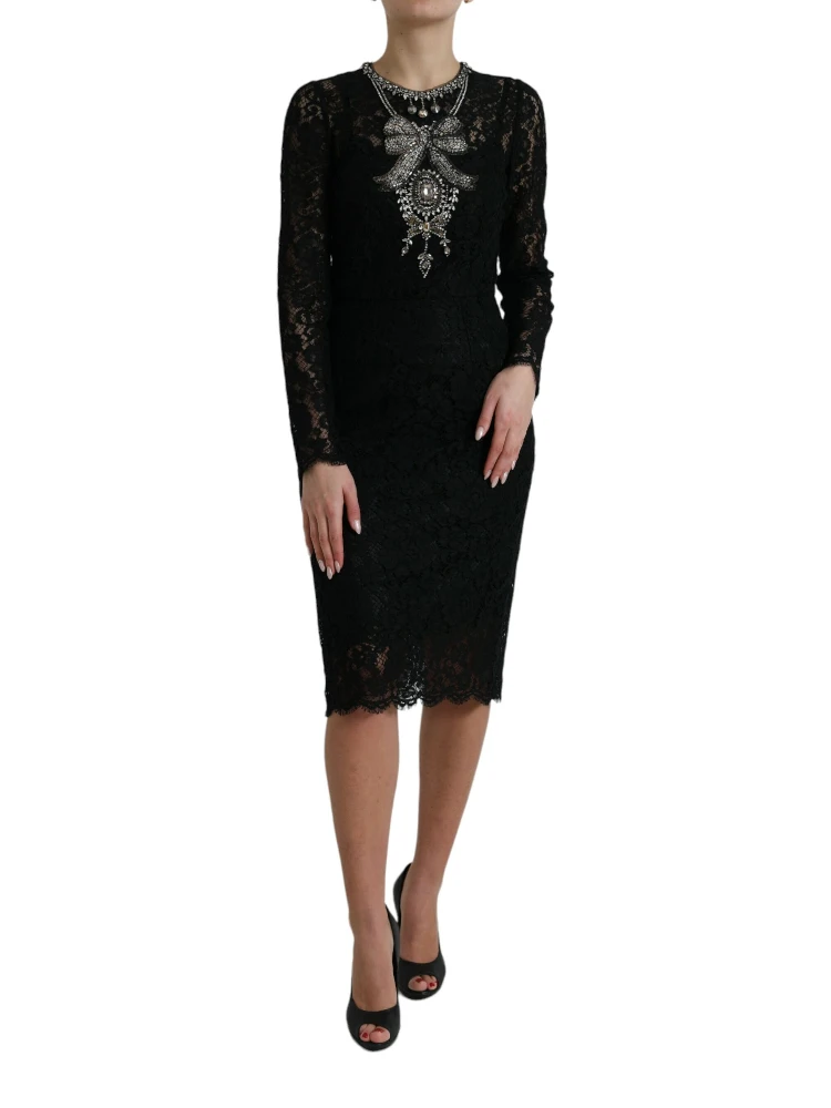 Black Lace Crystal Embellished Sheath Dress