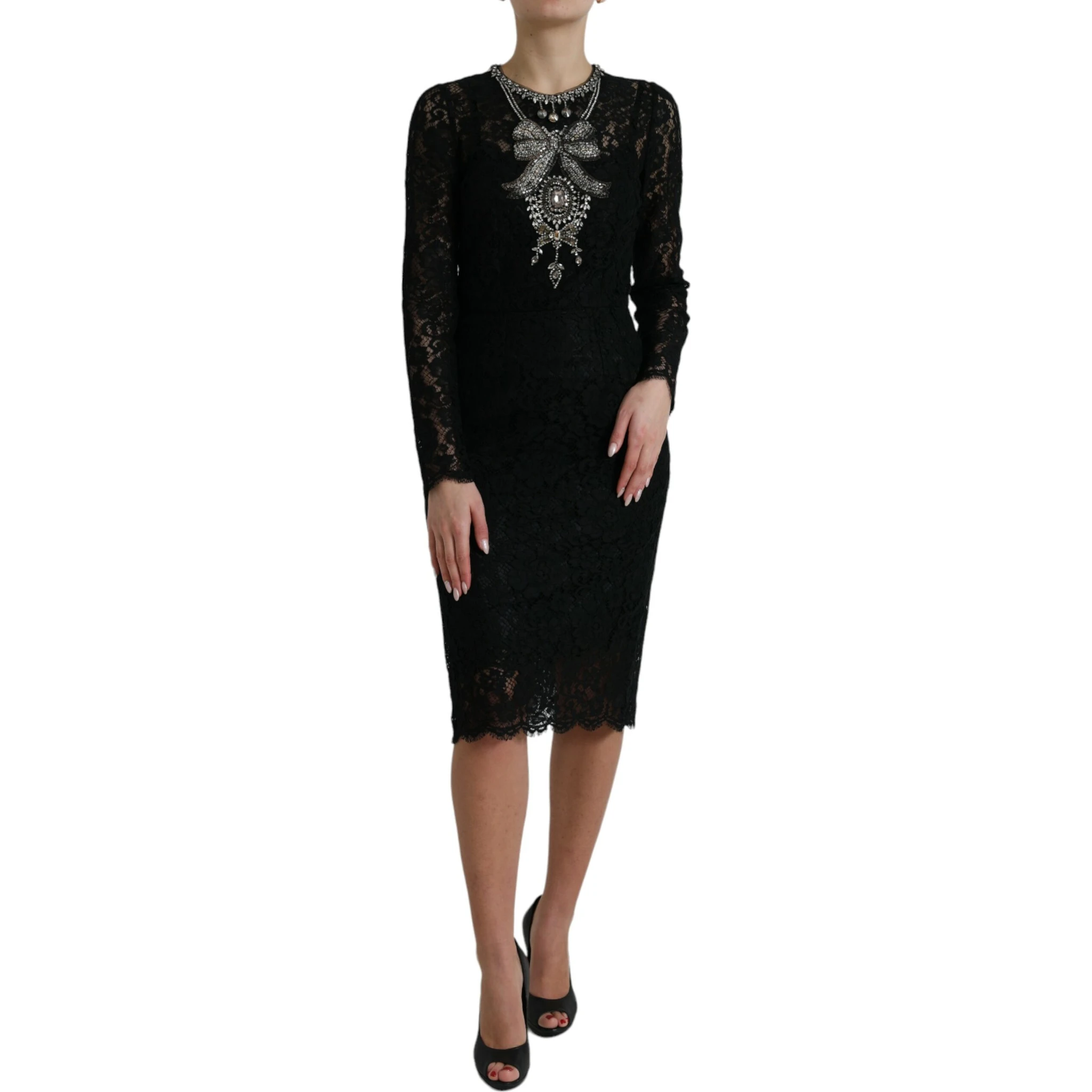 Black Lace Crystal Embellished Sheath Dress