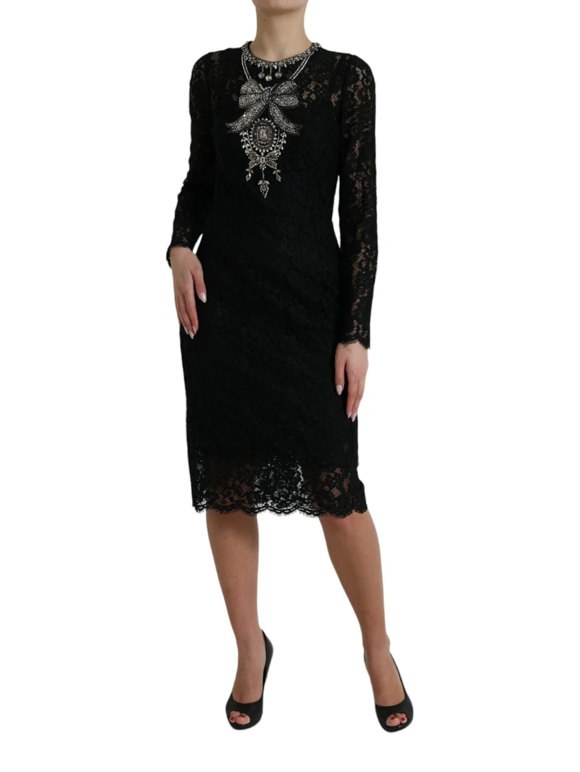 Black Lace Crystal Embellished Sheath Dress