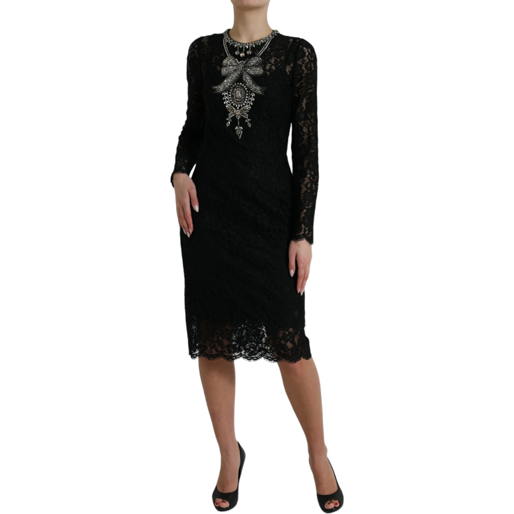 Black Lace Crystal Embellished Sheath Dress