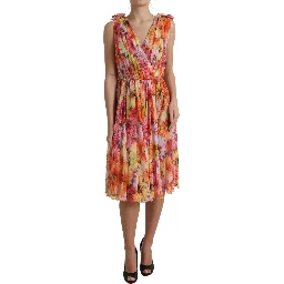 Multicolor Sunflower Print Silk Midi Dress