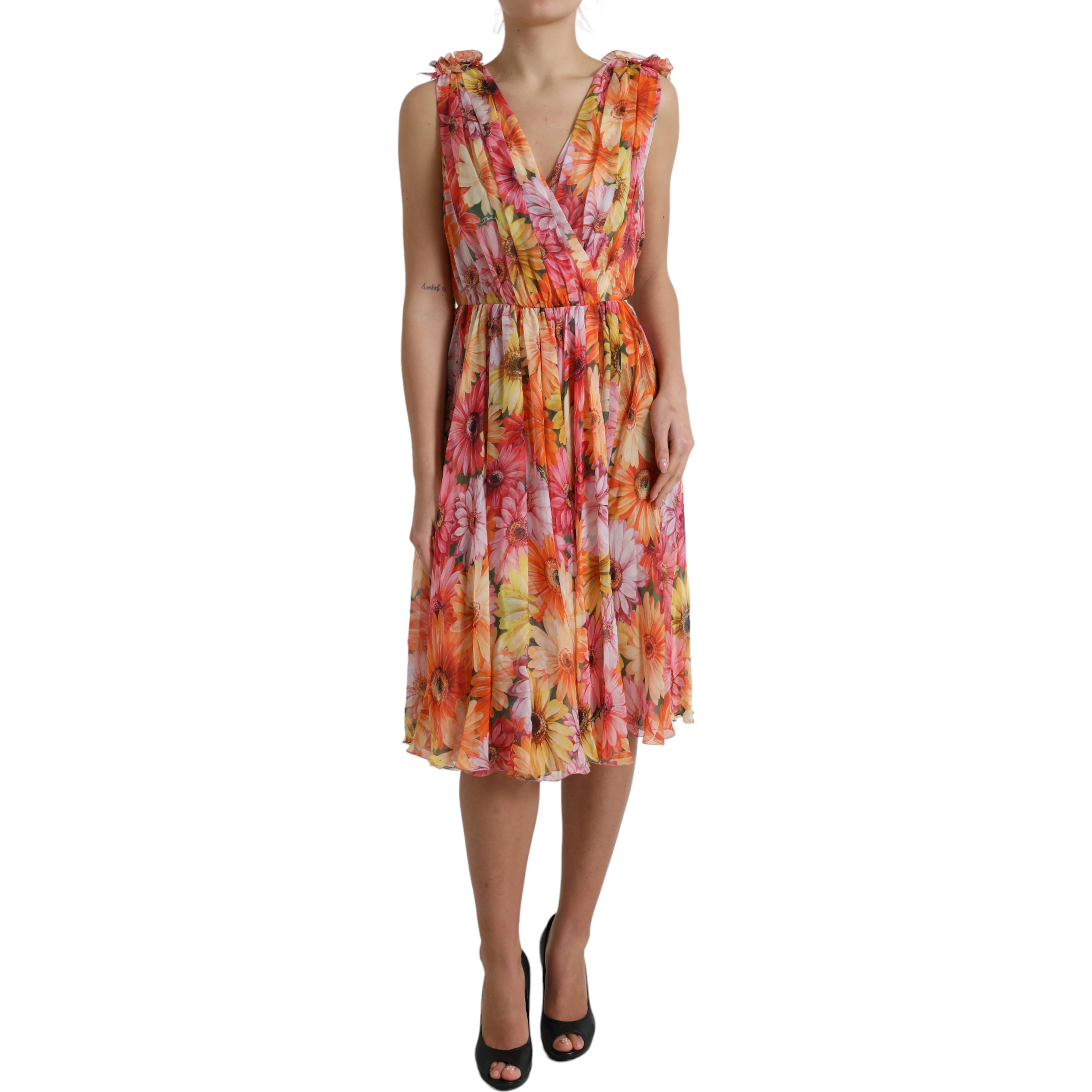 Multicolor Sunflower Print Silk Midi Dress